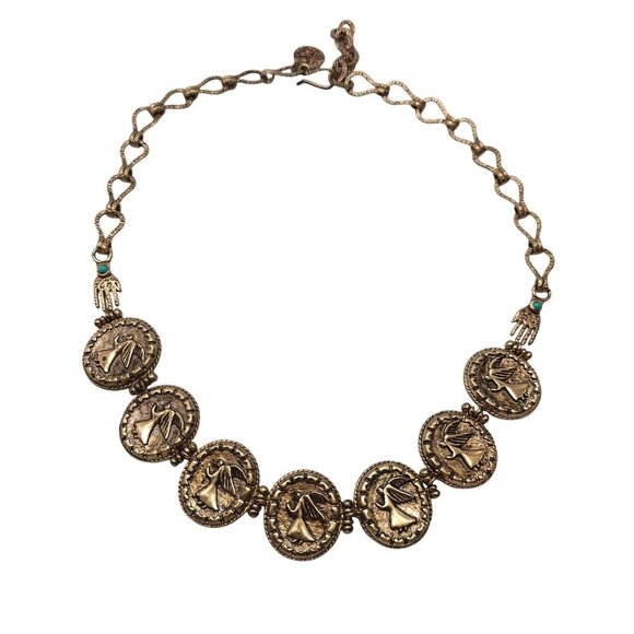 Vintage Designer Gold Tone Coin Necklace With Angel Motif Turquoise Accents - Picture 1 of 11